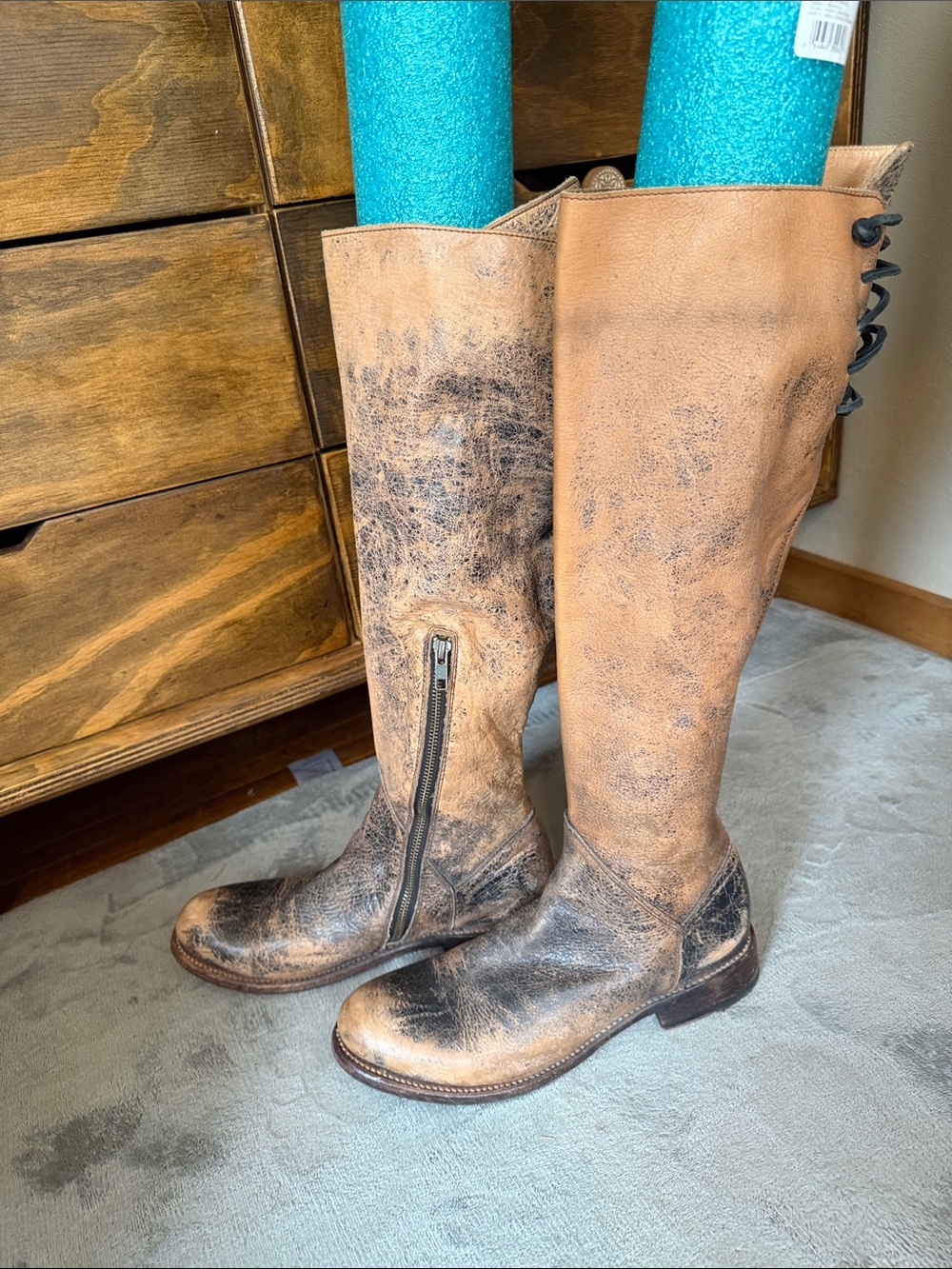 BED|STU Tan and Distressed Brown Leather Knee-High Boots - Picture 2 of 5